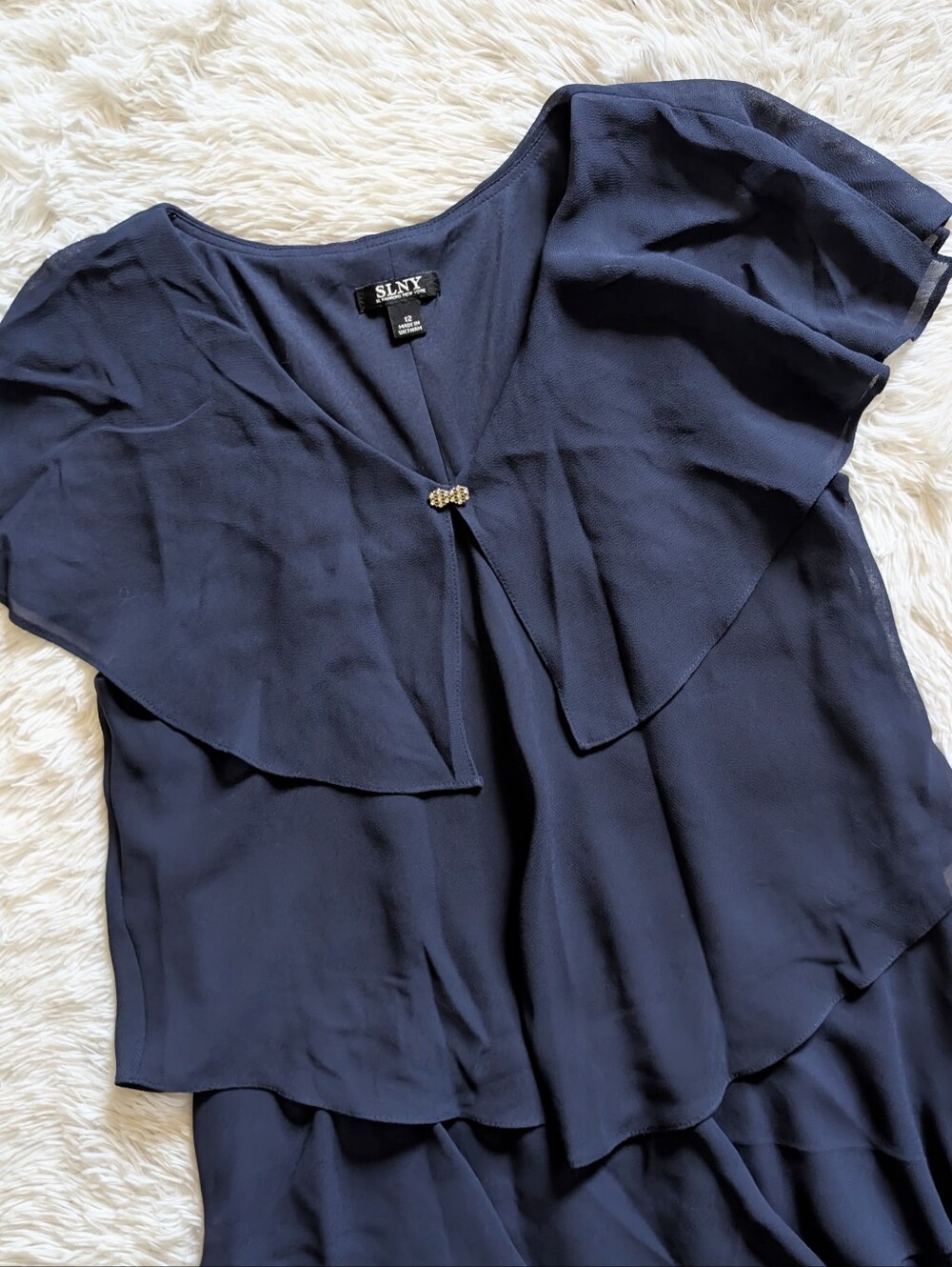 SLNY Navy Blue Tiered Capelet Rhinestone Detail Flowy Ruffle Dress Size 12 - Picture 5 of 14